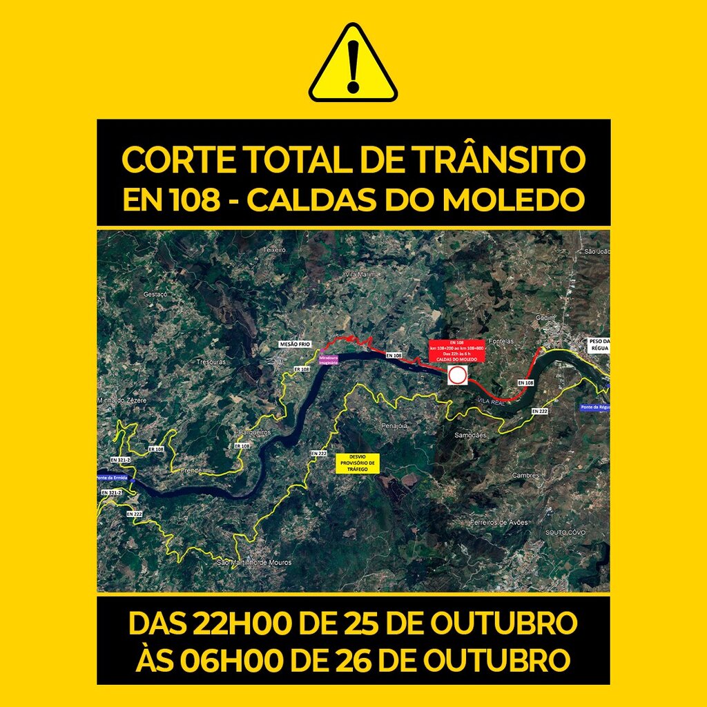 Corta total de Trânsito EN 108 - Caldas do Moledo | 22h00 de 25 de outubro às 06h00 de 26 de outubro