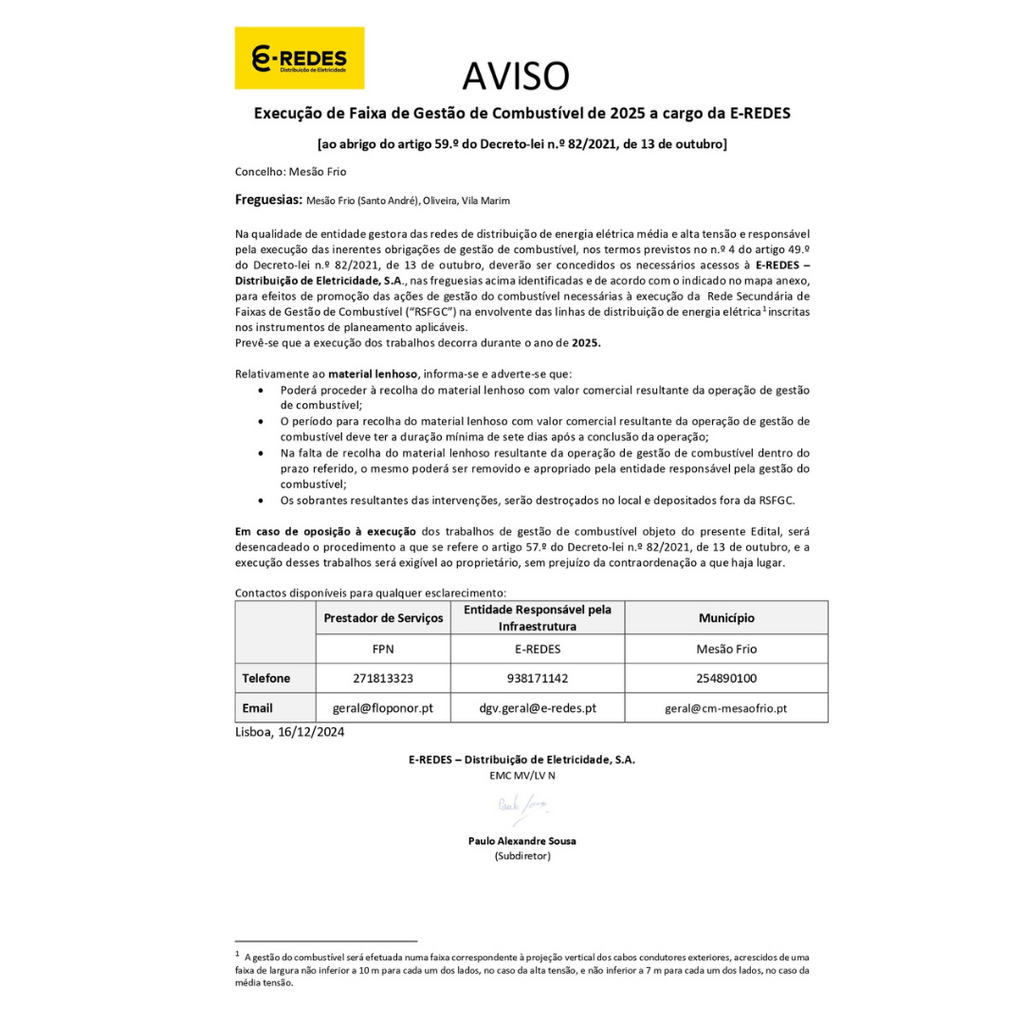 AVISO | Execução de Faixa de Gestão de Combustível a cargo da E-REDES nas freguesias de Mesão Fri...